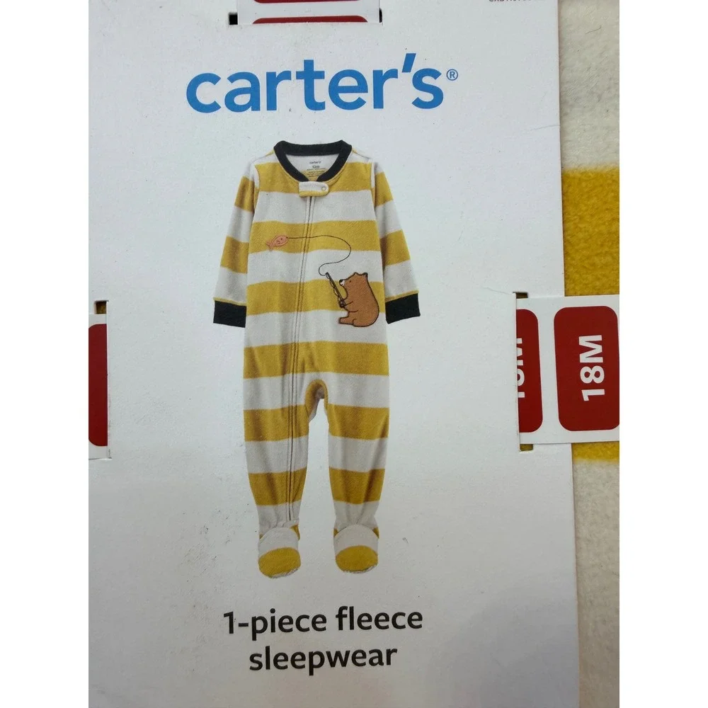 Carters Baby Boy 18M Yellow Striped Fishing Bear Fleece Footed Pajamas 1P940010